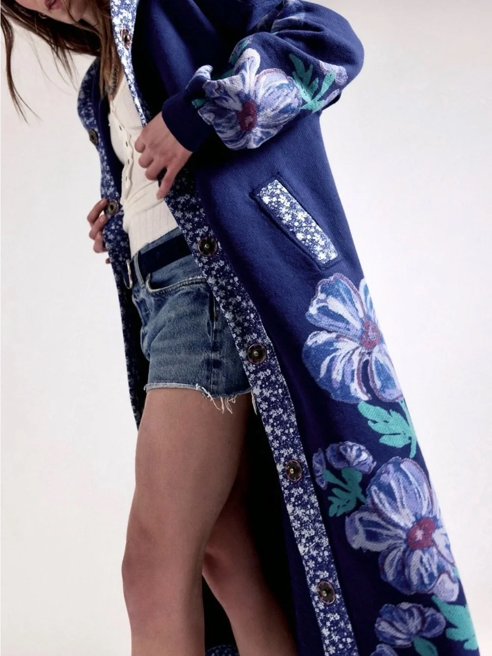 Free People Super Bloom Hood Maxi Sweatshirt Maxi Cardi Coat Blue Flowers